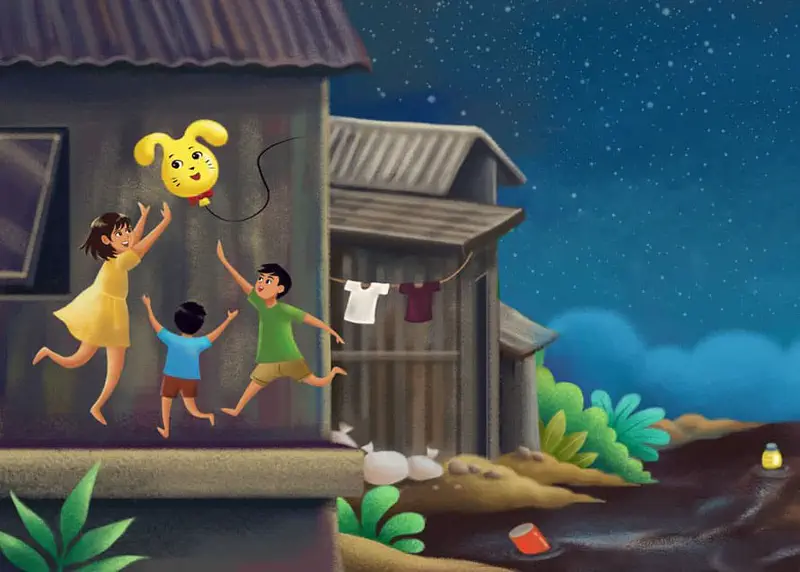 Three happy children reach up to catch a smiling yellow bunny balloon outside wooden houses under a starry night sky.