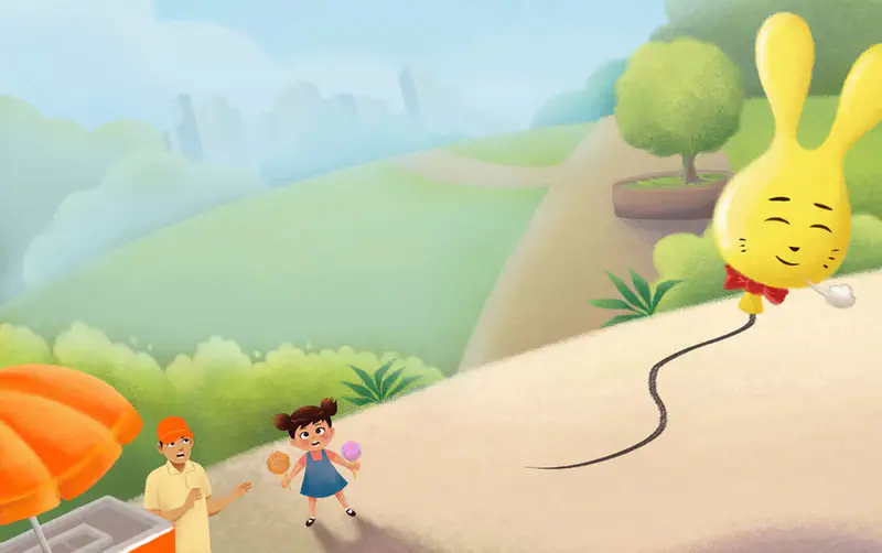 A happy yellow bunny balloon floats in a park as a girl with ice cream cones watches near an ice cream cart and vendor.