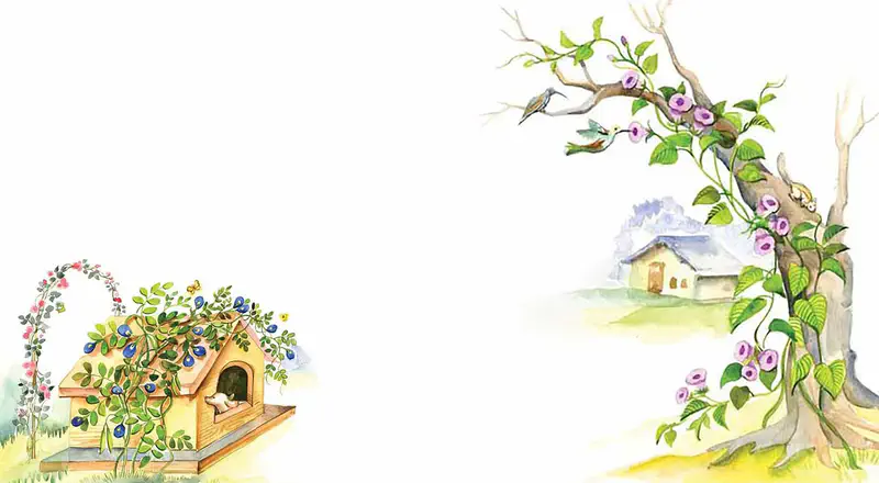 A doghouse covered with blue berry vines and a rose arch beside a tree with pink morning glory vines, birds, and a cottage in the background.