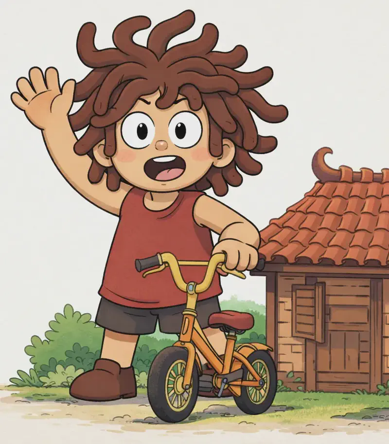 On the right side of the image, Sen stands enormous beside a small bike near a village house, one hand raised in a friendly wave and the other resting on the handlebars, with a curious, wide-eyed expression. His giant size is evident as the bike and house look small compared to him. The bike sits in front of a wooden structure with a tiled roof, with green bushes and plants nearby, set outdoors on a bright, sunny day.