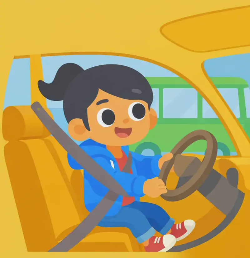 On the right side of the image, Girl is sitting in the driver's seat of a yellow car, gripping the steering wheel with both hands and looking out the window with a curious, excited expression. She is wearing a seatbelt and gazing toward a green bus visible through the car window. The left side of the image is plain warm yellow background. The scene has a bright, daytime feel with a sense of imaginative play as Girl pretends to drive.