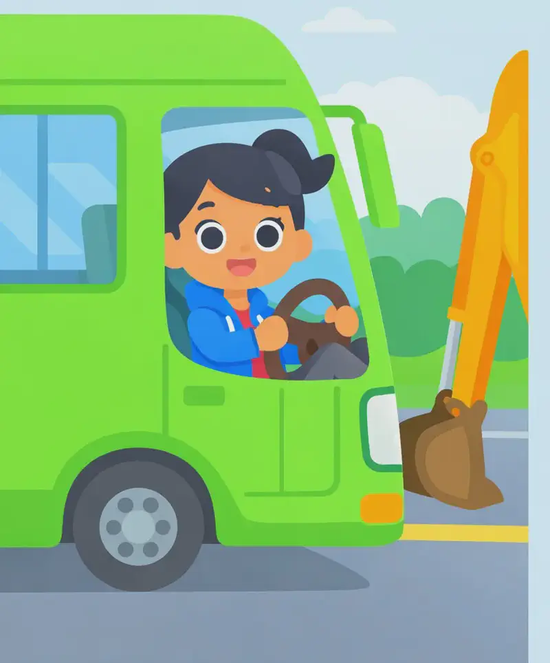 Girl is sitting in the driver's seat of a green bus on the left side of the image, gripping the steering wheel with a focused expression as she drives along a road. The arm and bucket of an orange digger are visible at the roadside, indicating a roadworks zone. The background shows a tree line and blue sky with light clouds. The right ~40% of the image is open sky, suitable for text overlay.
