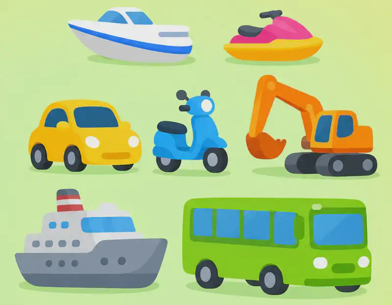 On the left side of the image, a colorful collection of different vehicles and modes of transport is arranged against a soft green-and-yellow gradient background. The vehicles include a white-and-blue speedboat and a yellow-and-pink jet ski in the upper area, a yellow car, a blue scooter, and an orange excavator in the middle row, and a large gray ship and a bright green bus along the bottom. The right ~40% of the image is plain gradient background with no objects or detail, suitable for text overlay.