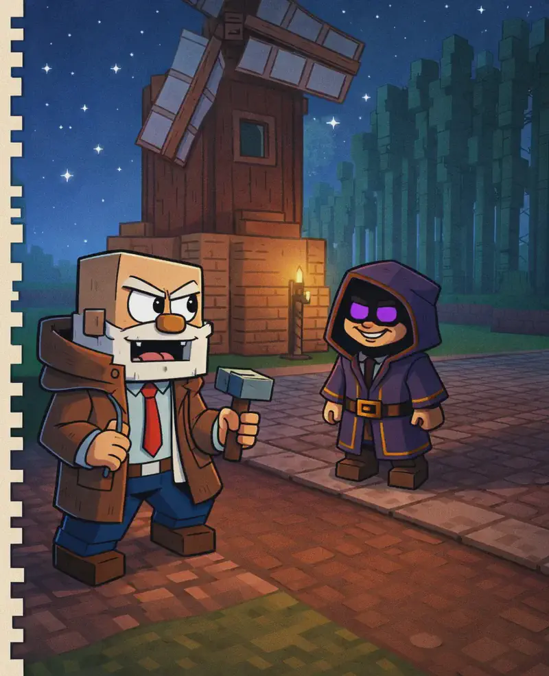 On the right side of the image, The Mage stands at the base of the tall wooden windmill tower, arms lowered at his sides, with a wry, mischievous smile. He is a blocky Minecraft-style figure in dark robes. The windmill sails hang still above him. To the left of The Mage, Dr. Can Do stands clearly visible at a three-quarter angle facing The Mage, wearing a coat wrapped around himself over his white lab coat, with a shocked, confrontational expression. The scene is set outdoors at nighttime, with stars in a deep blue sky. The windmill tower rises prominently behind The Mage, and tall trees line the background. A brick pathway extends across the foreground. The left ~40% of the image is a plain text overlay area.