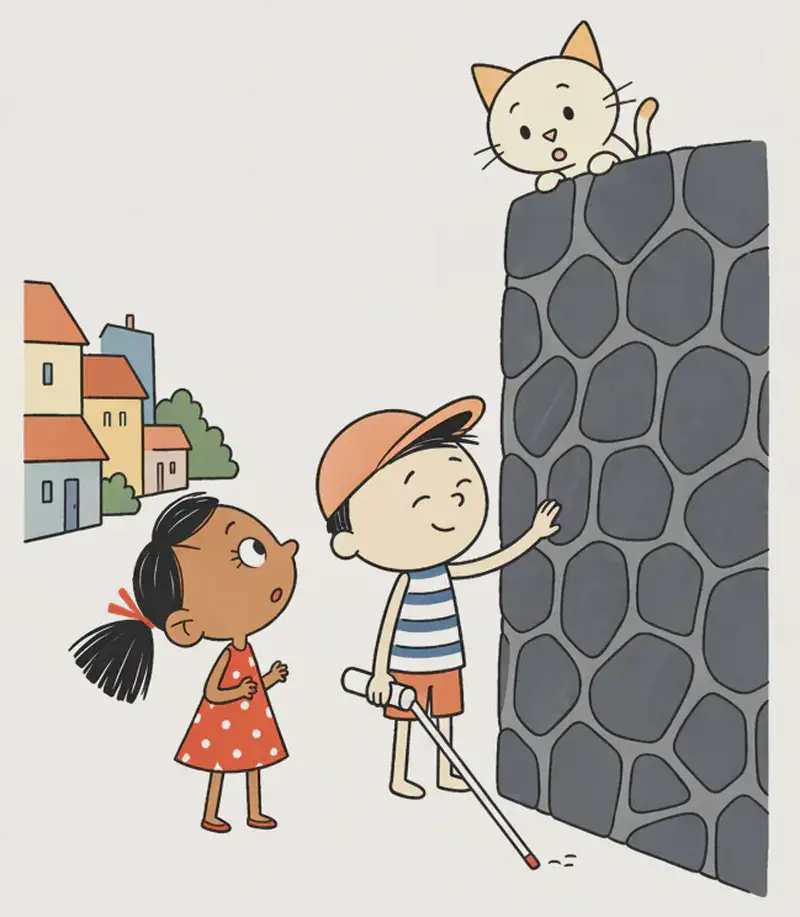 On the left side of the image, Ted stands facing a large dark cobblestone wall, smiling with his eyes closed as he reaches out with one hand to touch its rough stone surface, holding his white cane in his other hand. Kim stands just behind and to the left of Ted, looking up at him with a curious, slightly concerned expression. Cat is perched on top of the stone wall, peering down at Ted keenly with wide eyes. The scene is set outdoors on a sunny day along a small-town street, with shops and buildings with colorful rooftops visible in the background to the far left. The right ~40% of the image is plain white background.