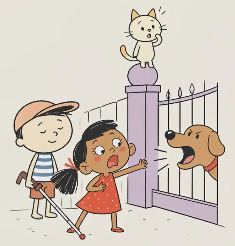 On the left side of the image, Ted and Kim stand on a sidewalk in front of a fence and gate. Kim is in the foreground, looking alarmed with wide eyes and a fearful expression, one arm extended protectively as she shouts a warning. Ted stands just behind Kim, eyes closed and smiling calmly, appearing completely unfazed. Cat is perched on top of the fence post above, looking down at the scene with a startled expression, having leapt up in surprise. A large brown dog pokes its head through the gate, mouth open and barking energetically. The right ~40% of the image is plain muted purple background.