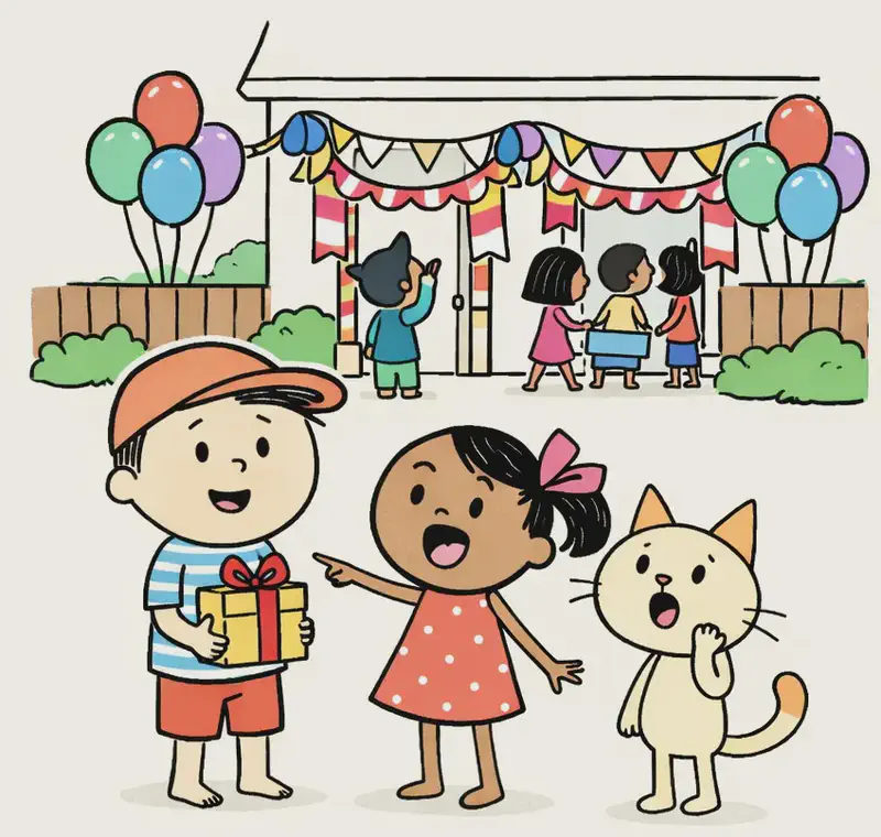 On the right side of the image, Ted, Kim, and Cat stand in front of a house decorated with colorful balloons, streamers, and bunting for a party. Ted is standing and smiling warmly, holding a wrapped gift box. Kim stands nearby with a joyful, excited expression, looking toward the decorated entrance. Cat is visible among the group, also facing the party venue with an eager posture. The scene is set outdoors on a bright day in a suburban American neighborhood, with green trees and a wooden fence flanking the festively decorated house. Several other children are visible near the entrance and around the party venue.