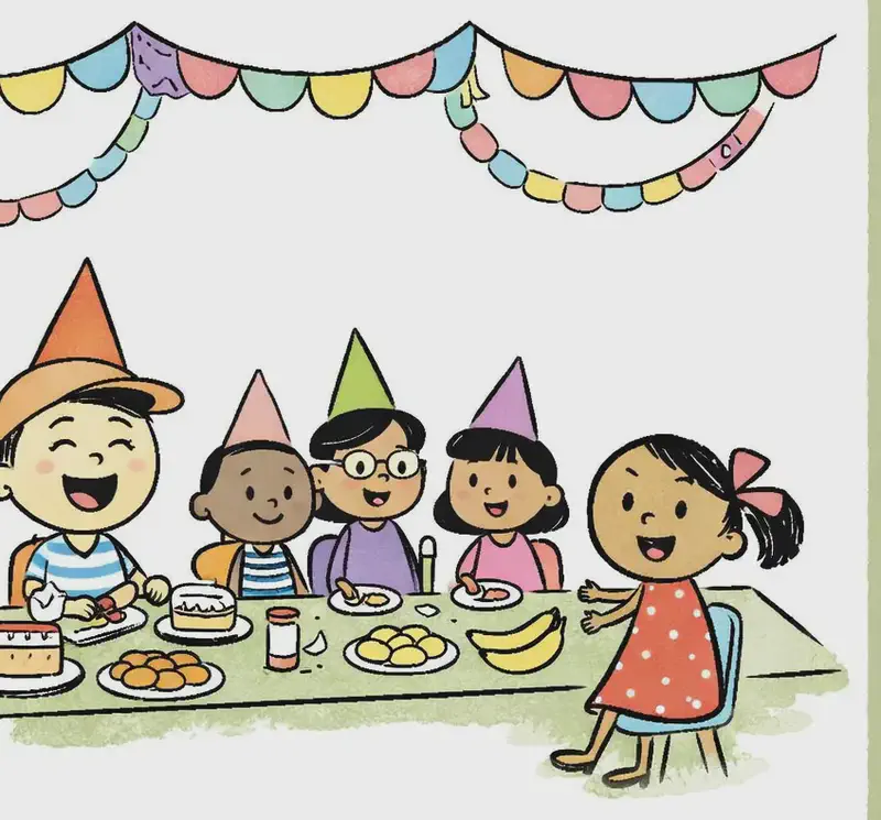 On the left side of the image, Ted and Kim sit at a long table with several friends at an indoor party. The table is laden with food including cake, fruit, and various dishes. Ted sits grinning broadly with eyes closed contentedly, wearing a party hat. Kim sits in the foreground on the right side of the table, smiling warmly. Three friends sit along the table between them, all wearing party hats and looking happy. Colorful paper streamers and bunting hang from the ceiling above. The right ~40% of the image is plain olive/sage background.