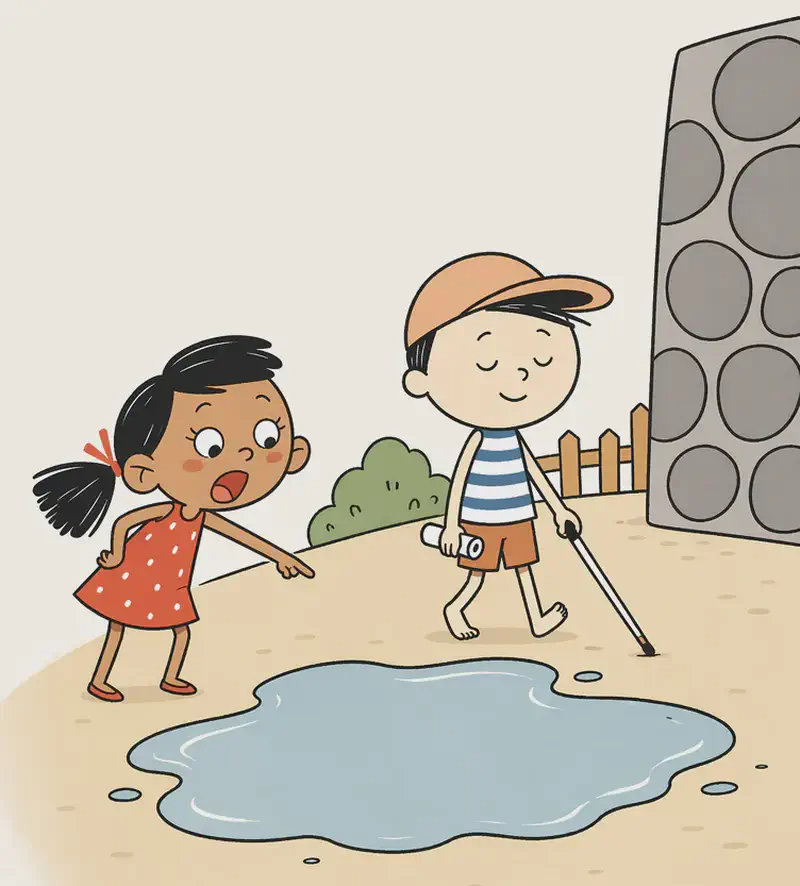 In the lower half of the image, Kim leans forward near the edge of a large puddle with a worried, fearful expression, one arm outstretched pointing at the puddle as she warns Ted. Ted walks calmly around the far side of the puddle with his eyes closed and a confident smile, his white cane sweeping ahead of him, his feet completely dry. The scene is set outdoors on a dirt path beside a stone wall, with a fence and bushes visible in the background. The top half of the image is open sky with soft clouds, leaving clear space for text.