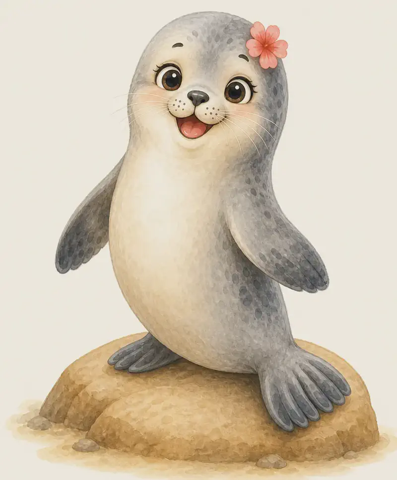 Introduce Fernanda. Show her in a clear, friendly pose on a rock or sandy beach so the reader can clearly see her long body, flippers, and short fur. Simple background.