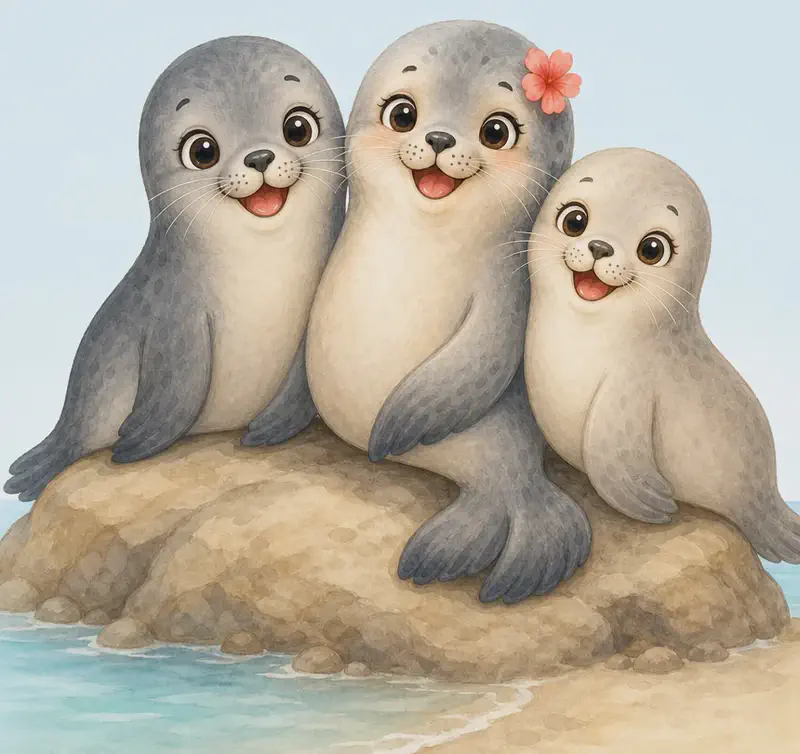 Fernanda, Felipe, and Felisa together on a rock or beach, all clearly happy and close as friends. Simple background.