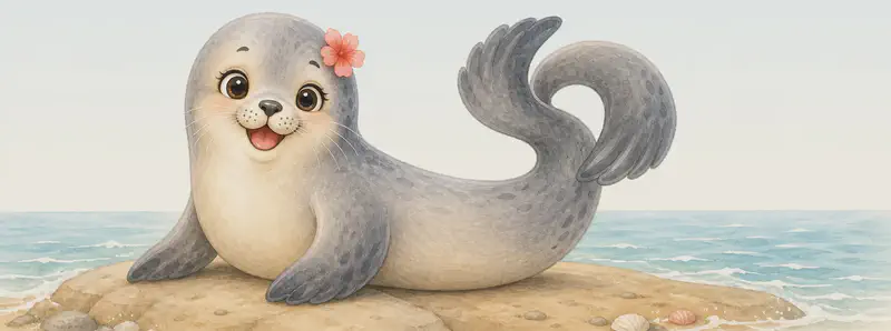 Fernanda playfully curls and twists her tail into a simple decorative shape (a curl, a loop, a wave) while smiling proudly. Simple background.