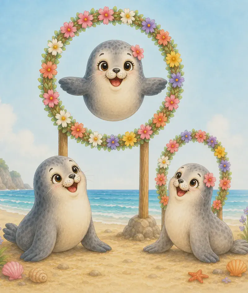 The three seals leap through hoops made of woven flowers — at least one seal mid-jump through a flower hoop while another waits its turn. Joyful, circus-like mood. Closing-page feel.