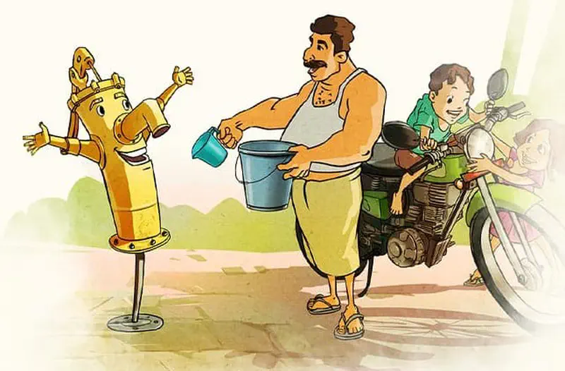 An animated yellow water pump character waves at a man with a bucket while children sit on a green motorcycle nearby.