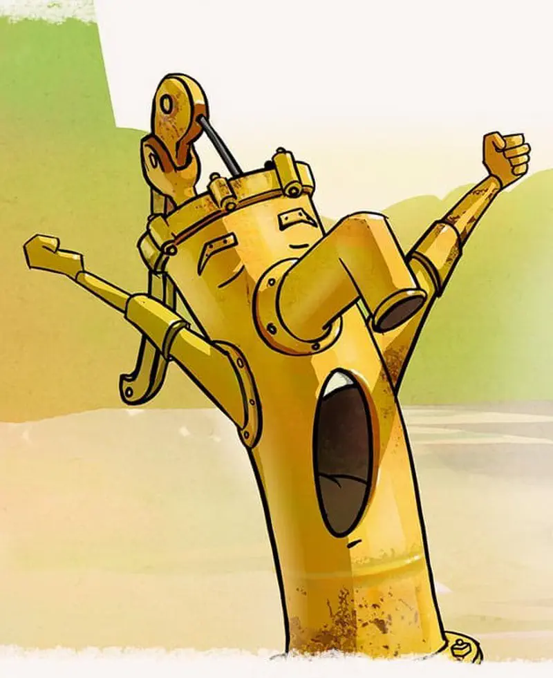 A cheerful yellow water pump character with arms and a face raises its fists triumphantly with a small bird perched on its handle.