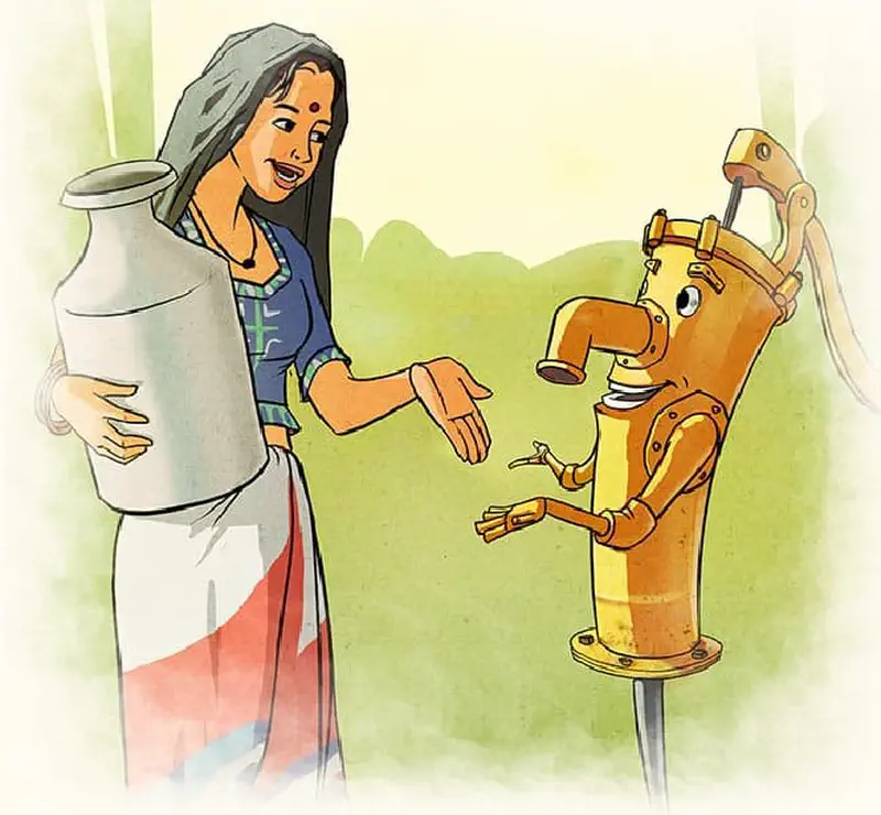 A young woman carrying a large metal water container reaches out to greet a friendly yellow water pump character.