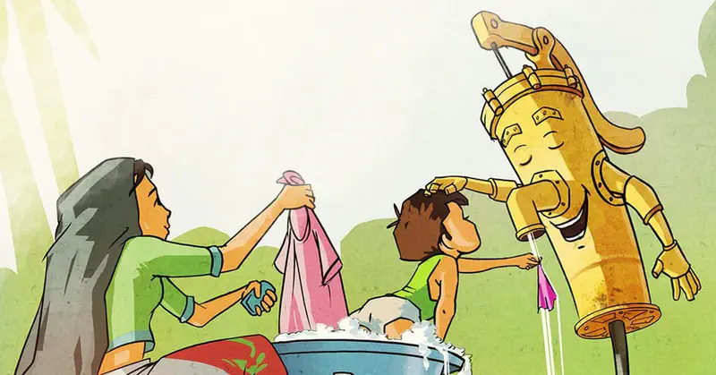A smiling yellow water pump character helps wash a child's hair while a mother holds a towel near a washing tub with clothes.