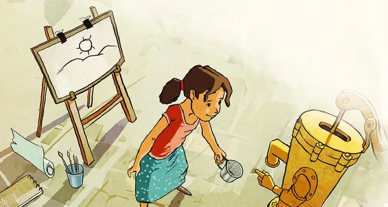 A young girl in a red top pours water for a yellow water pump character near an easel with a sun drawing and art supplies.