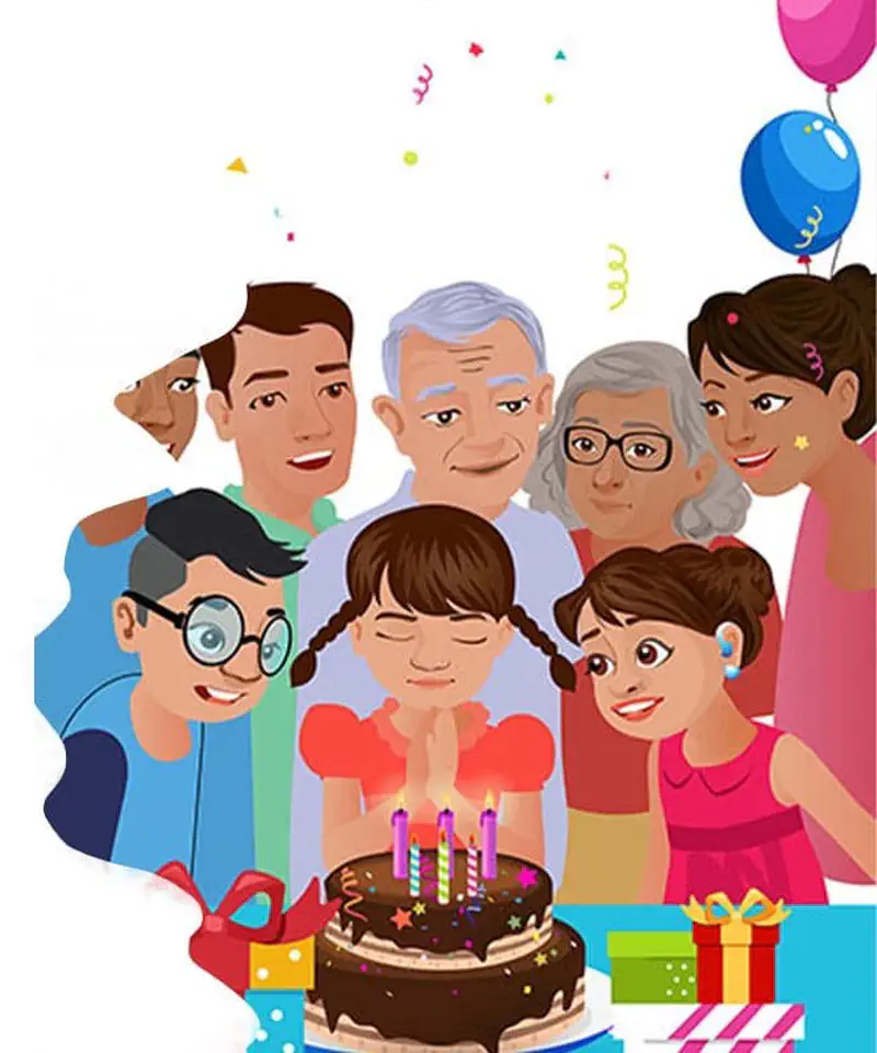 A girl with braids blows out candles on a chocolate birthday cake surrounded by her happy family with balloons and confetti.