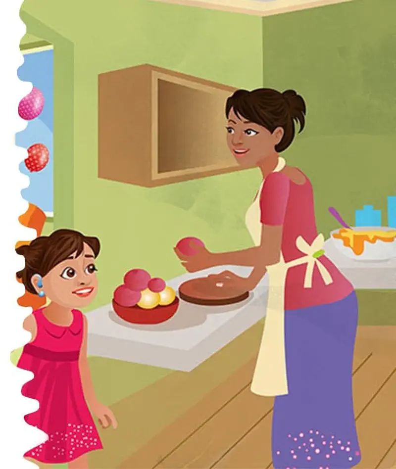 A mother wearing an apron decorates a chocolate cake in the kitchen while her young daughter in a pink dress watches.
