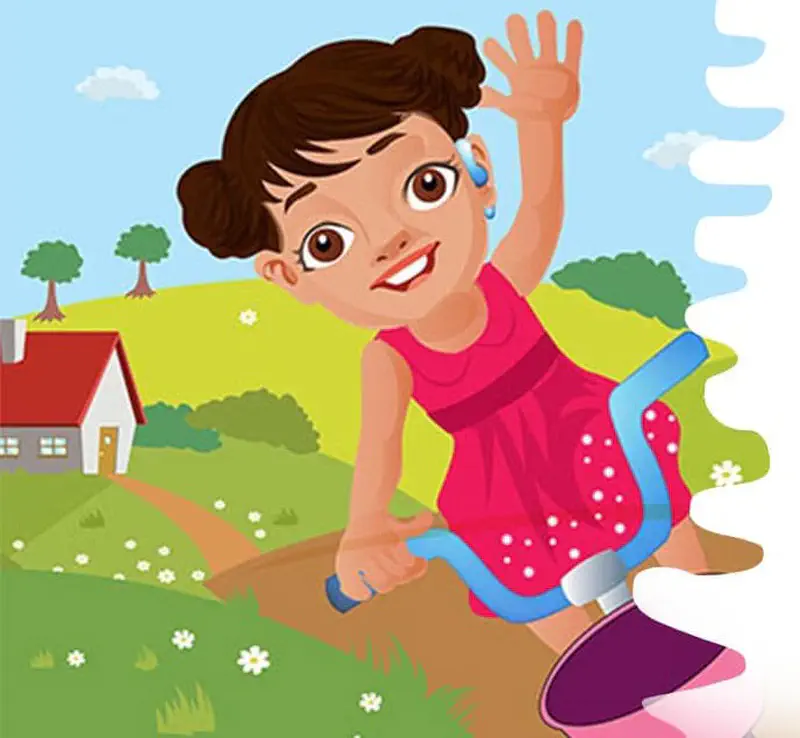 A cheerful girl in a pink dress waves while riding a bicycle through a countryside path with a house and trees.