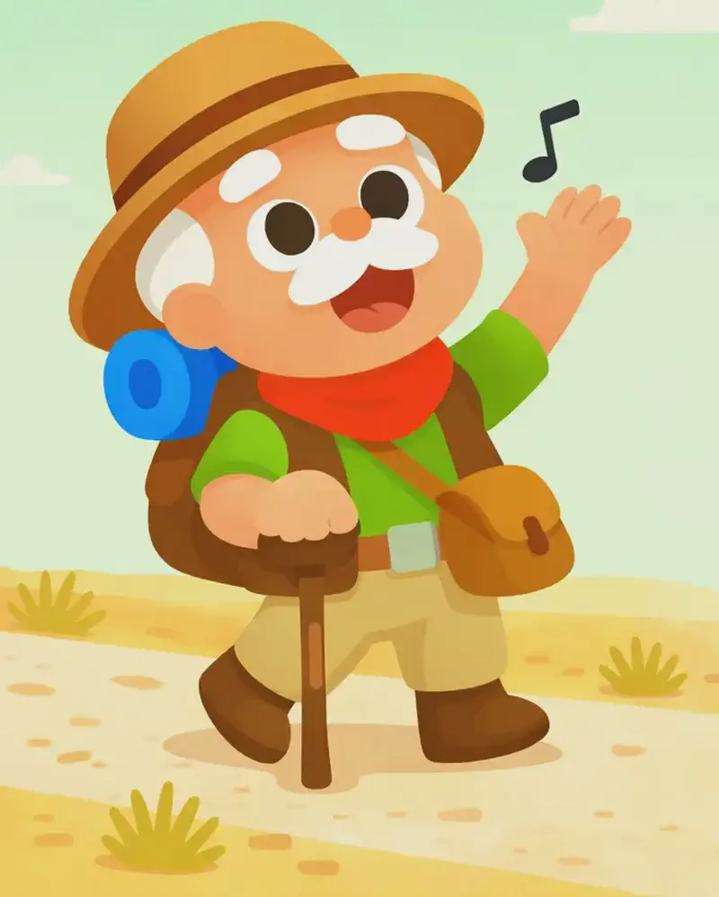 On the left side of the image, Kaa walks along a dry, dusty road, holding his wooden walking cane in his right hand while pointing his left hand up at the sky as he sings, with a musical note floating near his head. He has a joyful, open-mouthed expression, looking upward as if calling to the clouds. The outdoor scene shows a flat, arid landscape under a pale green sky with a few wispy white clouds and sparse dry brush along the roadside — the right side of the image is open sky and empty background.