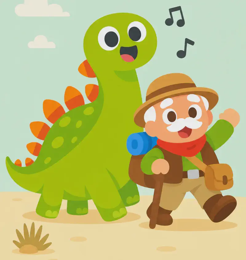 On the left side of the image, Dino stands with his mouth wide open, grinning joyfully and singing, with musical notes floating around him. Kaa walks alongside Dino in the foreground, stepping forward energetically with his wooden walking cane in one hand, his other arm raised, mouth open as he sings together with Dino. The scene is set outdoors on a flat, sandy landscape under a pale green sky with a few wispy clouds, with a small dry shrub visible in the mid-ground. The right side of the image is open background with just sand and sky.