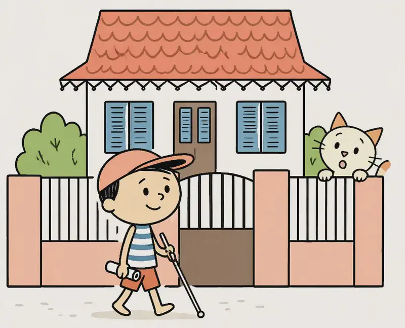 On the left side of the image, Ted stands smiling confidently in front of a suburban American house with a front fence, holding a white cane in one hand. He wears a peach/salmon-colored baseball cap worn forward over short dark hair, a white-and-blue horizontally striped short-sleeve t-shirt, and burnt-orange/rust-colored shorts, with bare feet. He has a cheerful, determined expression as he sets off on his journey. Cat peeks out from behind the fence on the right side of the house, with wide curious eyes, watching Ted as he heads out. The scene is set outdoors on a bright, sunny day with green bushes and a blue sky with white clouds behind the house. The right ~40% of the image is plain white background.