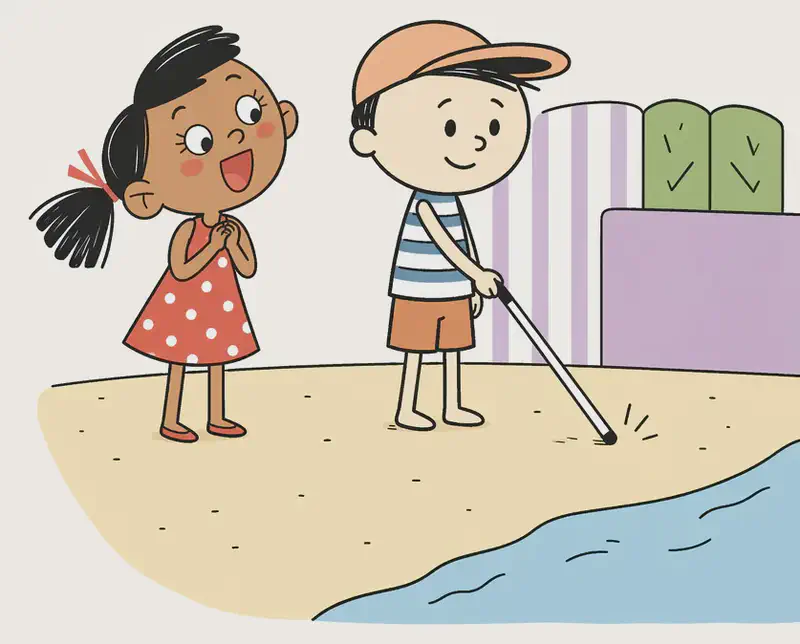 On the right side of the image, Ted stands proudly tapping his white cane on the ground, with a confident smile on his face. Kim stands beside him, looking at him with a wide-eyed, impressed expression and a big smile. They are on a sandy outdoor path near a body of water visible at the bottom-right edge. Behind them are colorful structures — a striped purple-and-white fence or wall and green and purple panels, suggesting they are approaching a neighborhood or party venue. The left portion of the image is mostly open background.