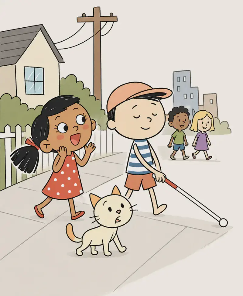 On the left side of the image, Ted walks confidently forward holding his white blind persons cane out in front of him, eyes closed and smiling contentedly, while Kim walks beside him on his left, looking up at him with wide eyes full of happiness and her hands raised in delight, an excited open-mouth grin on her face. They are on a suburban American sidewalk with a power line pole, houses, and buildings visible in the background. Cat walks along the path near them, and a few children can be seen walking in the background behind them.