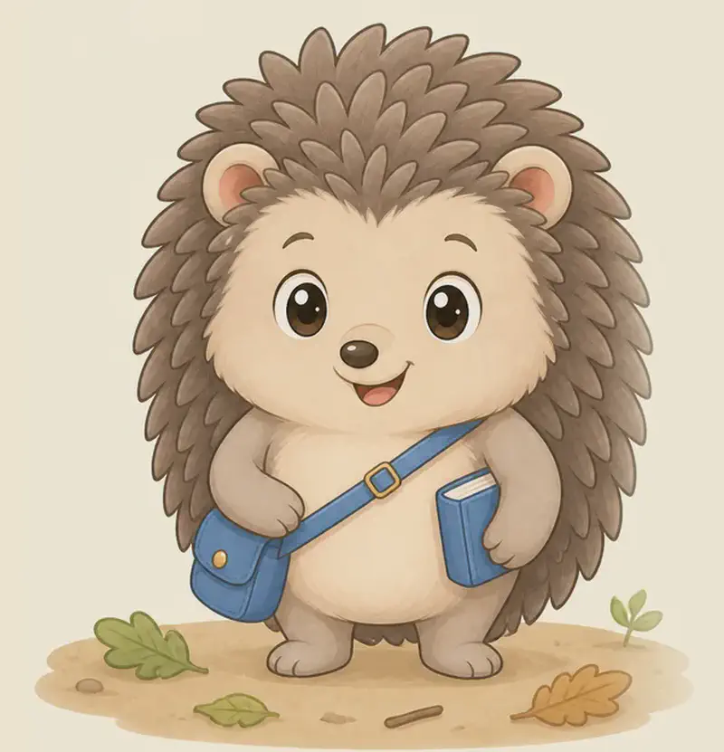 On the right side of the image, Enrique stands facing the viewer on a patch of bare earth scattered with green and orange autumn leaves and twigs. He is a small kawaii hedgehog with light brown, almost grey fur, his back covered in rounded prickly spines, smiling warmly with big dark eyes. A blue satchel hangs across his chest with a small blue book tucked under his left arm. Mood: friendly introduction, warm and welcoming.