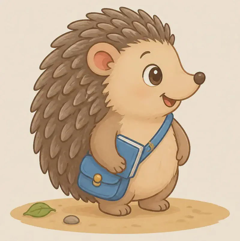 On the left side of the image, Enrique walks to the right across sandy ground, shown in profile with his pointy nose leading, mouth open in a cheerful smile. His blue satchel swings at his side and a tiny green leaf and pebble lie on the ground behind him. Mood: curious and eager, a little explorer setting out.