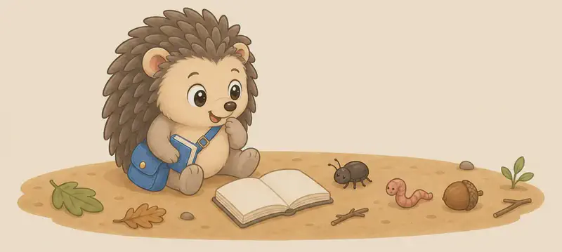 In the lower-left portion of the image, Enrique sits on a patch of sandy earth reading an open white book that lies in front of him, one paw raised thoughtfully to his chin, his blue satchel resting beside him. Scattered to the right of the book are a small dark beetle, a pink earthworm, an acorn, a sprouting seedling, leaves and twigs. Mood: gentle study, everything is interesting.