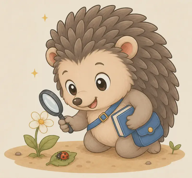 On the right side of the image, Enrique kneels on the ground holding a magnifying glass up to a single white flower with a yellow centre, a tiny red ladybird on the soil beside the stem. His mouth is open in delight and small sparkles shine above his spines; his blue satchel hangs at his hip. Mood: wonder and close attention.