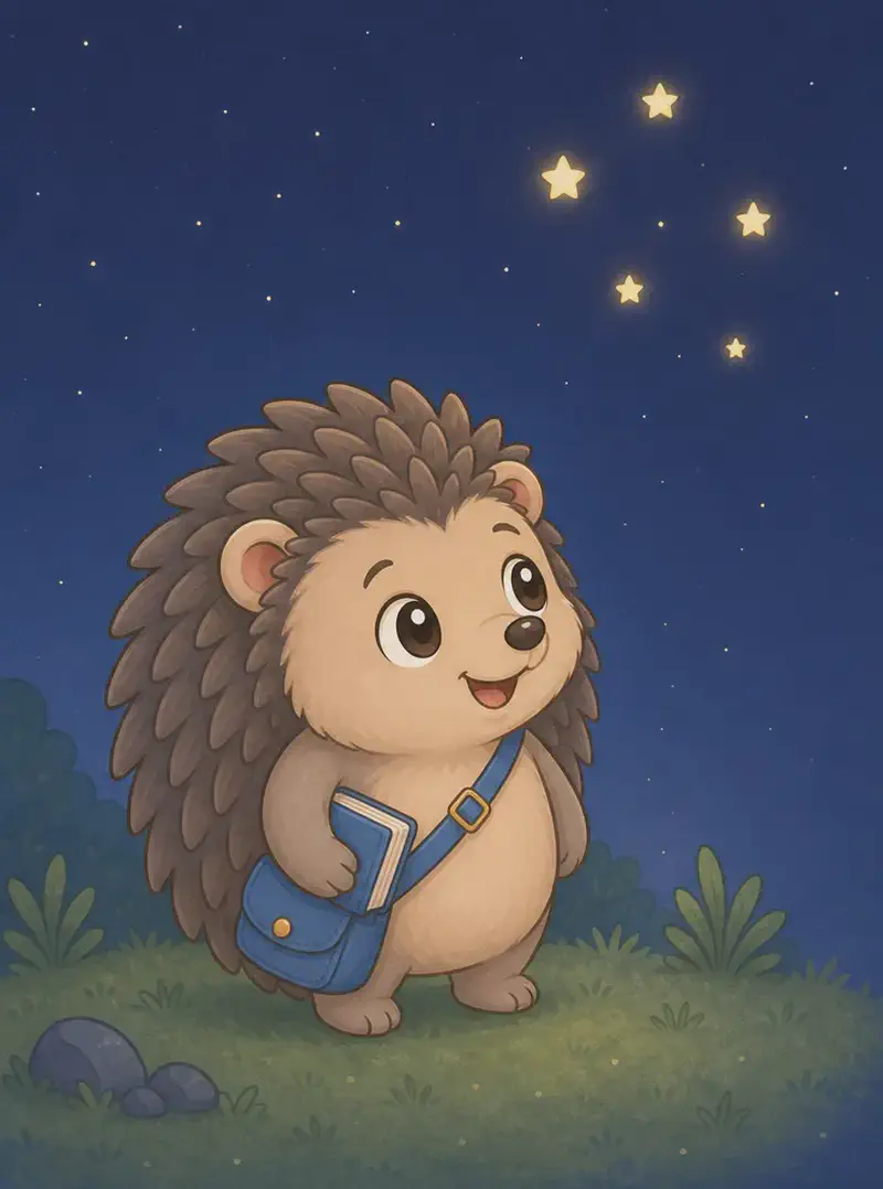 On the left side of the image, Enrique stands on a grassy hilltop at night under a deep blue starry sky, gazing up open-mouthed at a bright constellation of golden stars overhead. He holds his blue book under one arm, his satchel at his side, small rocks at the edge of the grass. Mood: quiet awe, big questions under a big sky.