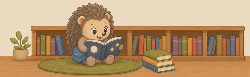 In the lower-left portion of the image, Enrique sits cross-legged on a round green rug in a cosy library, reading a large open dark-blue book decorated with yellow stars. A long wooden bookshelf full of colourful books runs along the wall behind him, with a stack of books on the floor to his right and a potted plant to his left. Mood: warm, settled, happily absorbed.