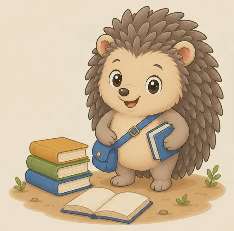 On the right side of the image, Enrique stands on sandy ground beside a neat stack of green, orange and white books, holding a blue book close with one paw, an open book lying on the ground in front of him. He beams straight at the viewer, his blue satchel across his chest, tufts of grass nearby. Mood: proud and delighted, a reader who found his answers.