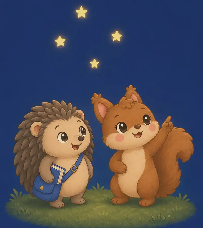 On the left side of the image, Enrique and Adela stand together on a small grassy mound at night under a deep blue sky. Adela, a kawaii squirrel with warm brown fur and a long fluffy tail, points up with one paw at golden stars arranged in a playful shape overhead while Enrique, his blue satchel at his side, looks up smiling. Mood: shared wonder between best friends.