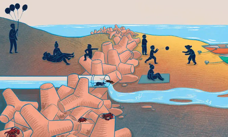 Beach scene with people playing and relaxing near concrete tetrapods while sewage pipe drains into the water with rats and crabs nearby.