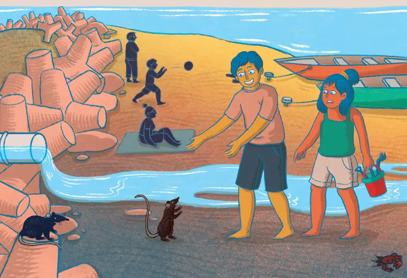 A boy and girl at a polluted beach look disgusted as rats emerge from a sewage pipe draining dirty water onto the sand.