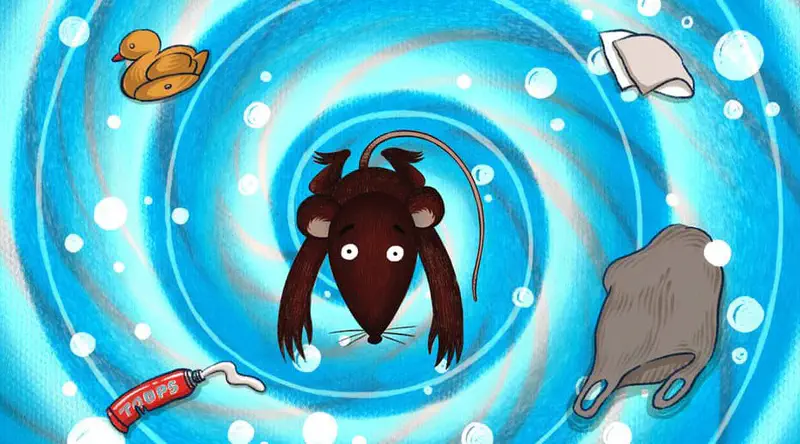 A startled rat spins in a swirling blue toilet vortex surrounded by a rubber duck, soap bottle, and other bathroom items.