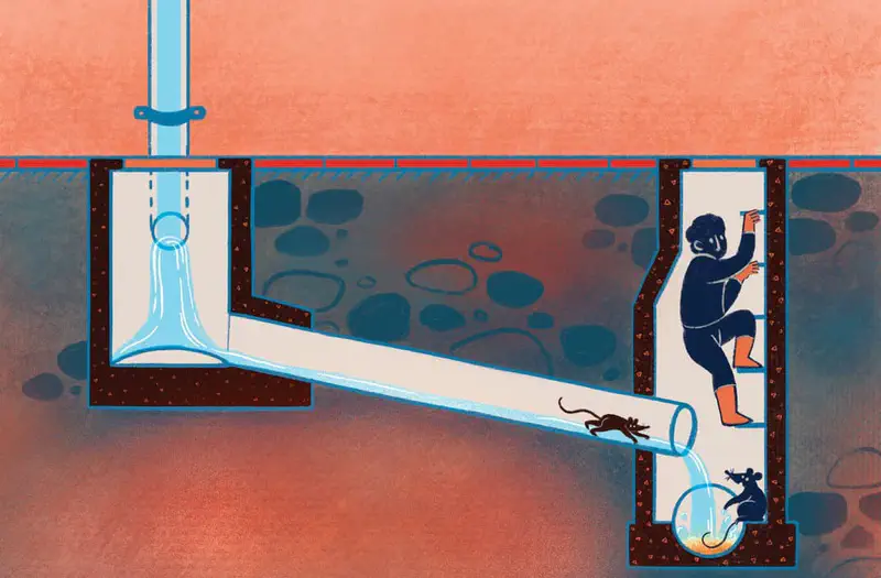 Underground cross-section showing sewer pipes with water flowing as a worker climbs down a manhole and rats scurry through the pipes.