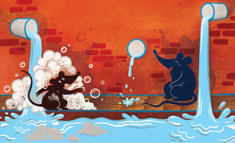 Two rats play in a sewer with water pouring from pipes against an orange brick wall, one covered in bubbles and one blowing a bubble.
