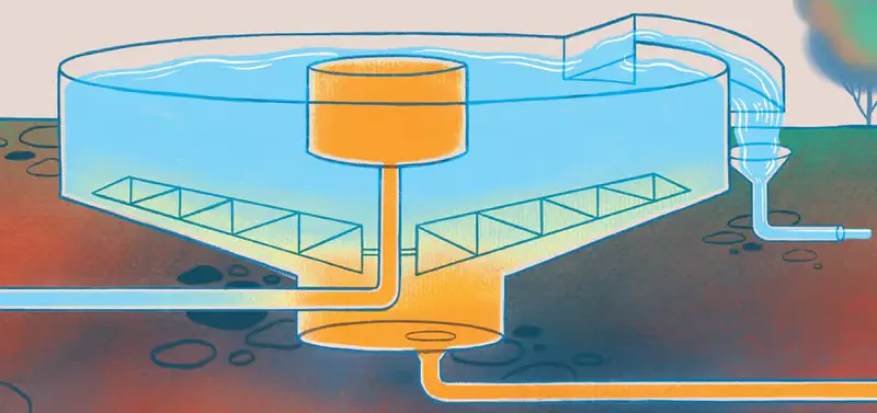 Diagram of a circular water clarification tank with a central column where clean water overflows into a pipe leading to a funnel.