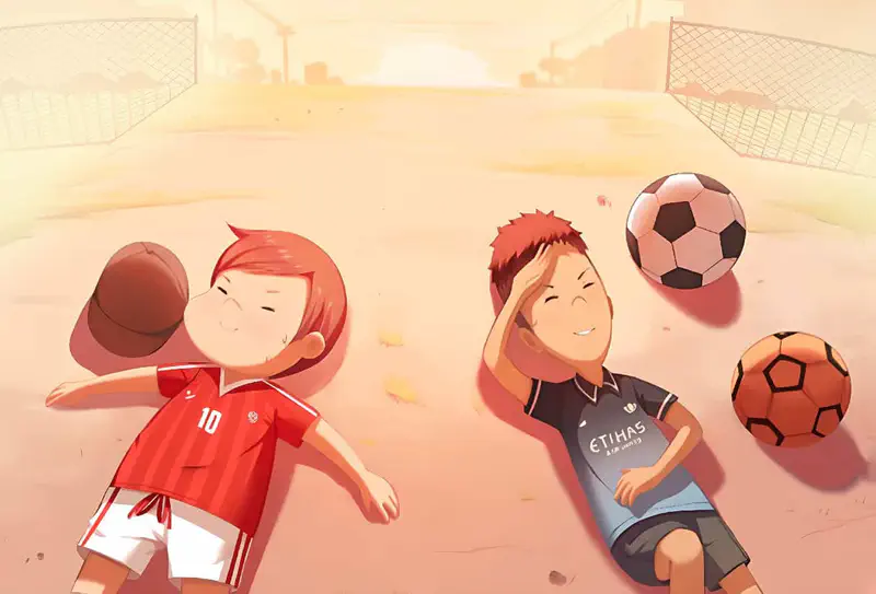 Two happy boys lie on a soccer field at sunset with soccer balls nearby, one in red jersey and one in blue Etihad jersey.