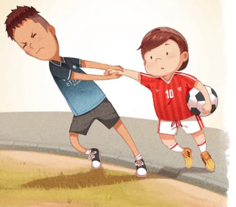 A frustrated boy in blue pulls away as the boy in red number 10 jersey holds his hand trying to apologize while holding a soccer ball.