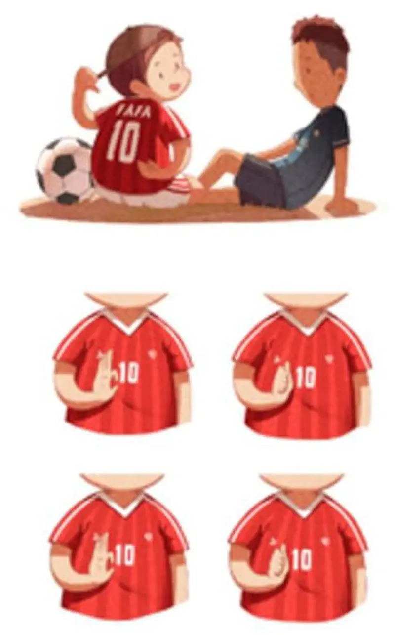 Two boys sit on the ground talking with a soccer ball nearby, plus four views of hands making sign language gestures on red jerseys.