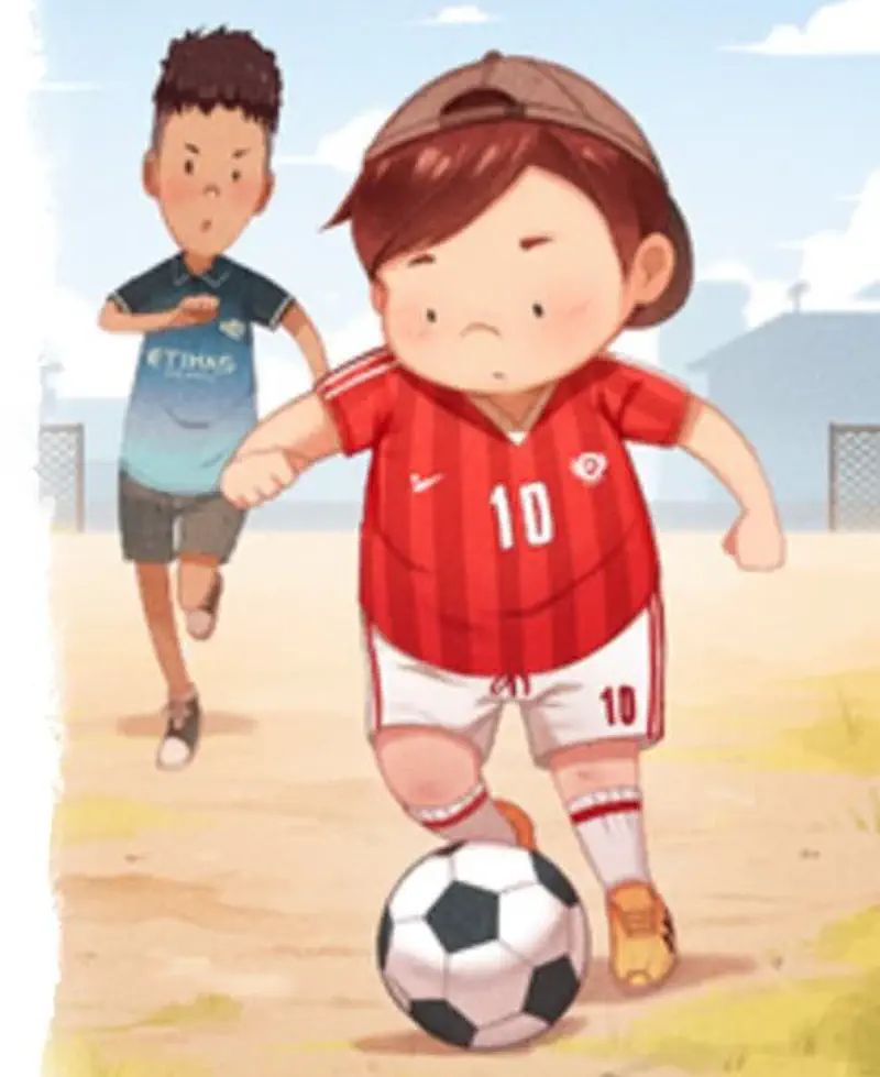 A determined boy in a red number 10 jersey and cap dribbles a soccer ball while another boy in blue chases from behind.