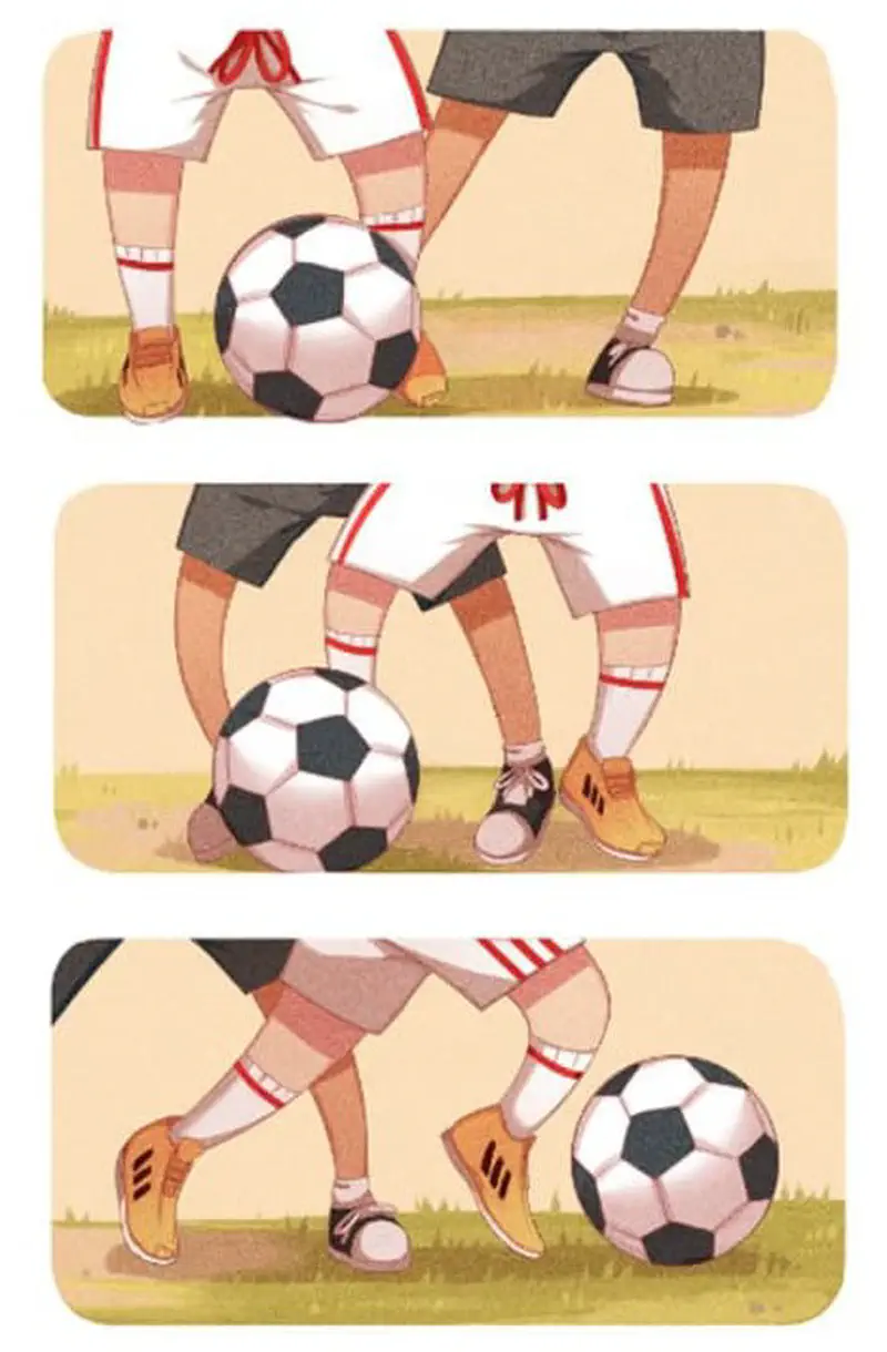 Three panels showing two boys' legs and feet as they compete for a soccer ball on grass, wearing red and blue uniforms.