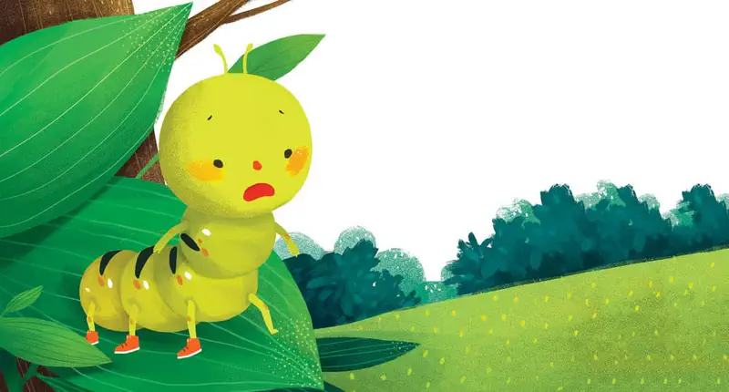 A worried yellow caterpillar wearing tiny orange sneakers stands on a green leaf with trees in the background.